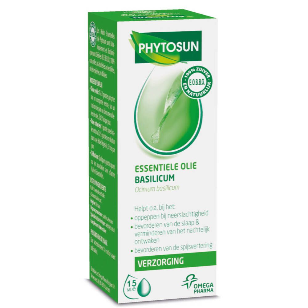 Boîte verte avec informations produit. Inscription: Phytosun, Essentiele Olie Basilicum. 15 ml.