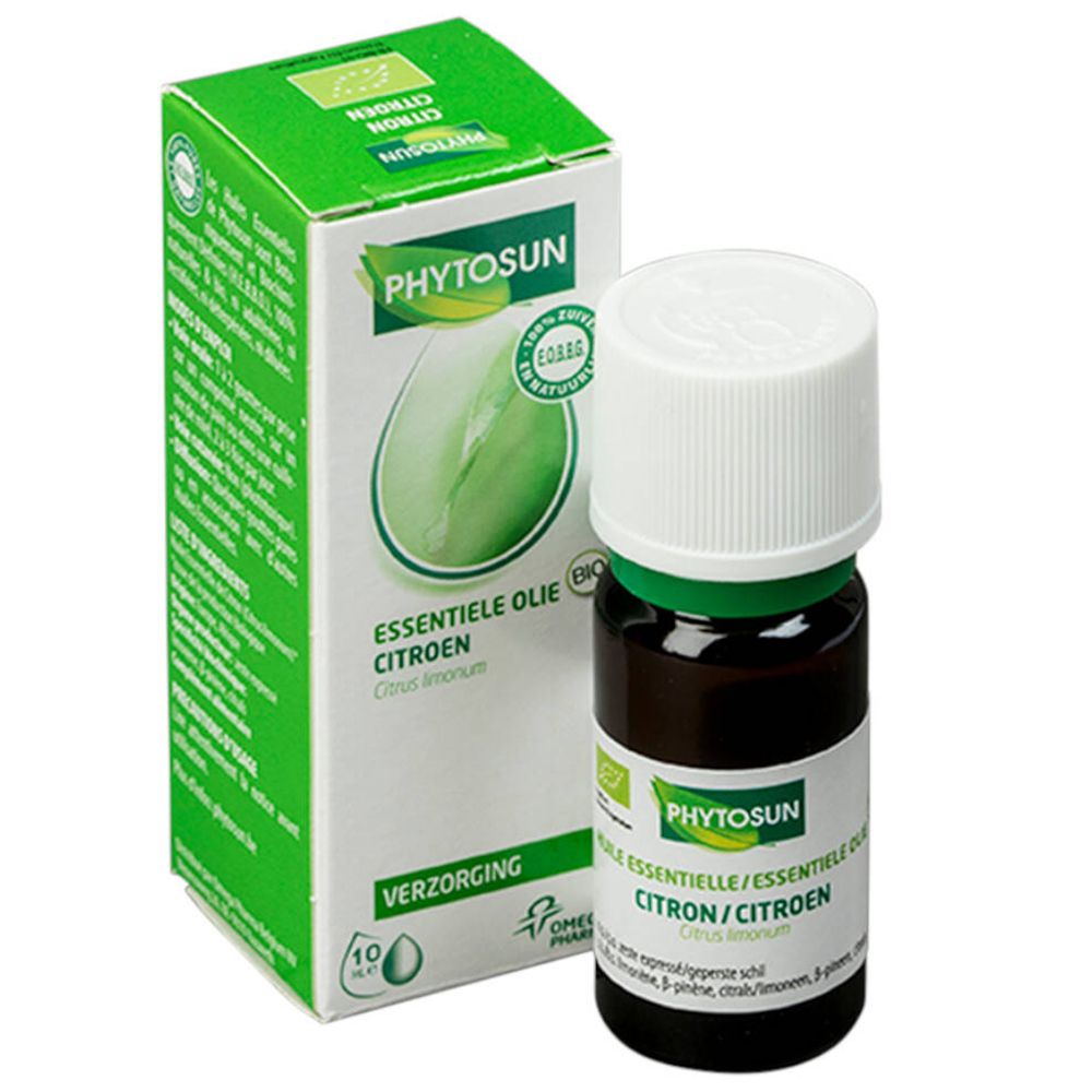 Fles en verpakking Phytosun Huiles Essentielles Bio Citron. Bruine glazen fles, witte dop, groene verpakking.