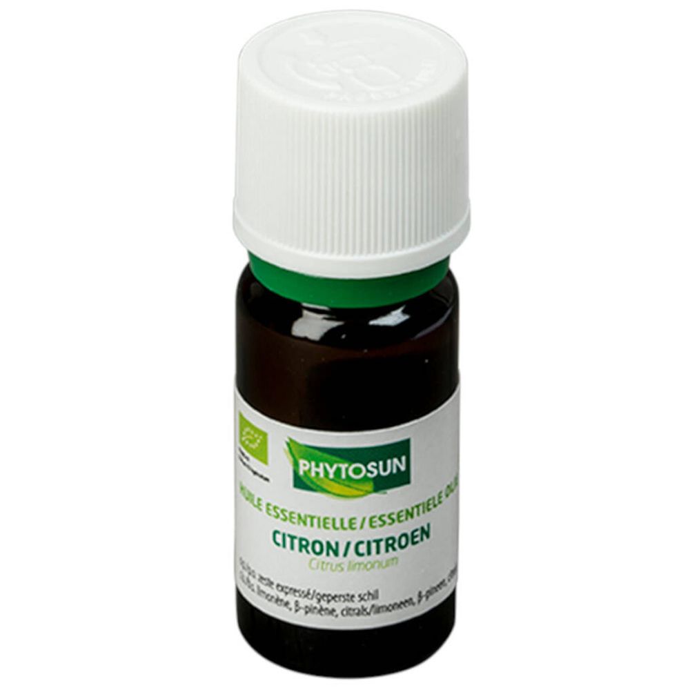Fles Phytosun Huiles Essentielles Bio Citron. Bruine glazen fles, witte dop, productlabel.