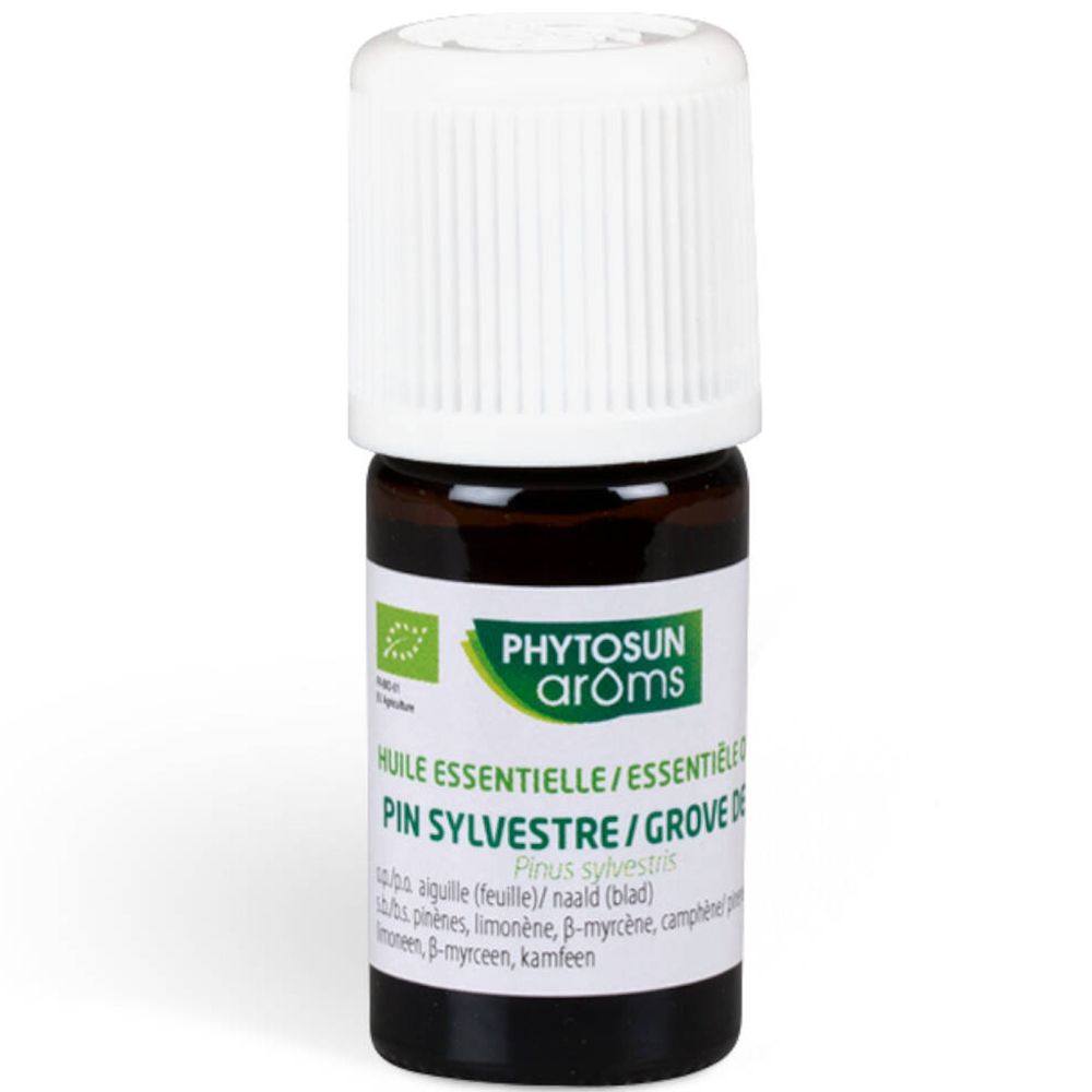 Flacon brun, bouchon blanc. PHYTOSUN arôms, huile essentielle Pin Sylvestre. Bio. 5ml.
