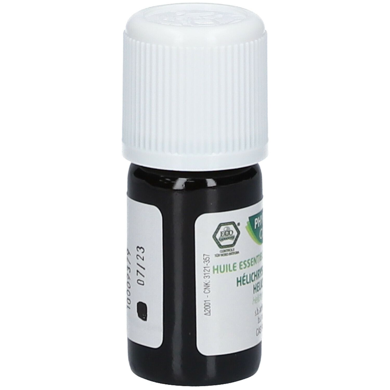 Bruine glazen fles met witte dop. Etiket met productinformatie en logo. Eco-Cert label.