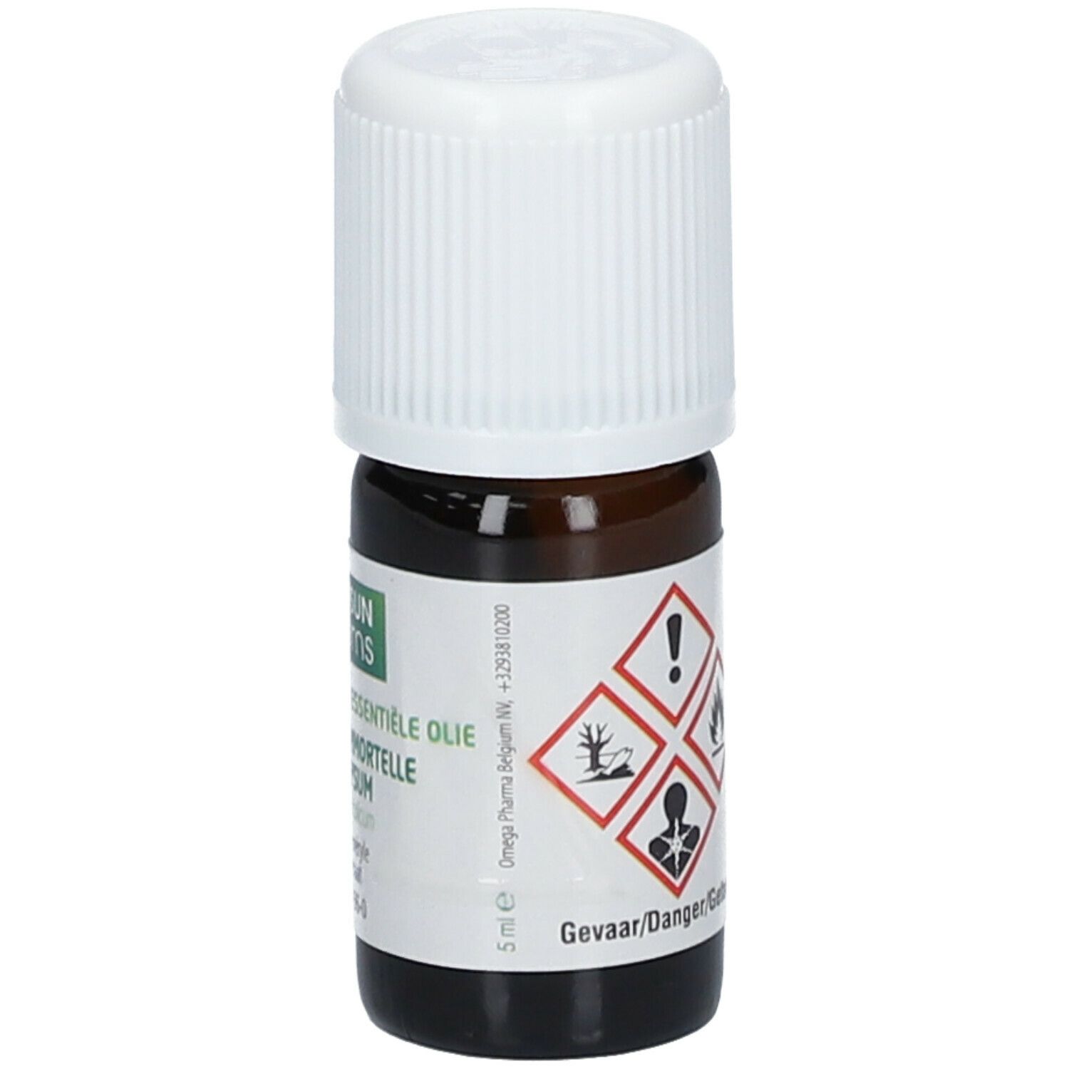 Bruine glazen fles met witte dop. Etiket met gevaarsymbolen en informatie. 5 ml.