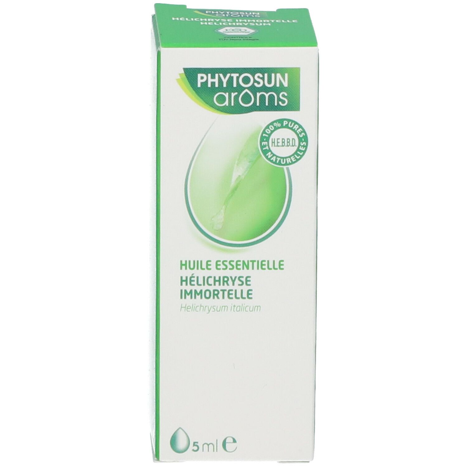 Groene doos met productinformatie en logo. 5 ml. HEBBD label.