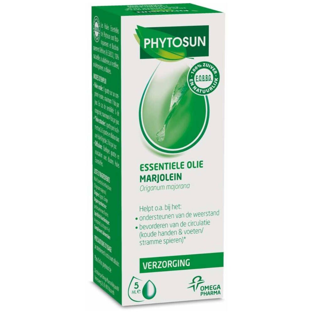 Boîte verte avec informations produit. Marque Phytosun. Contient de l'huile essentielle de marjolaine. Label Bio.
