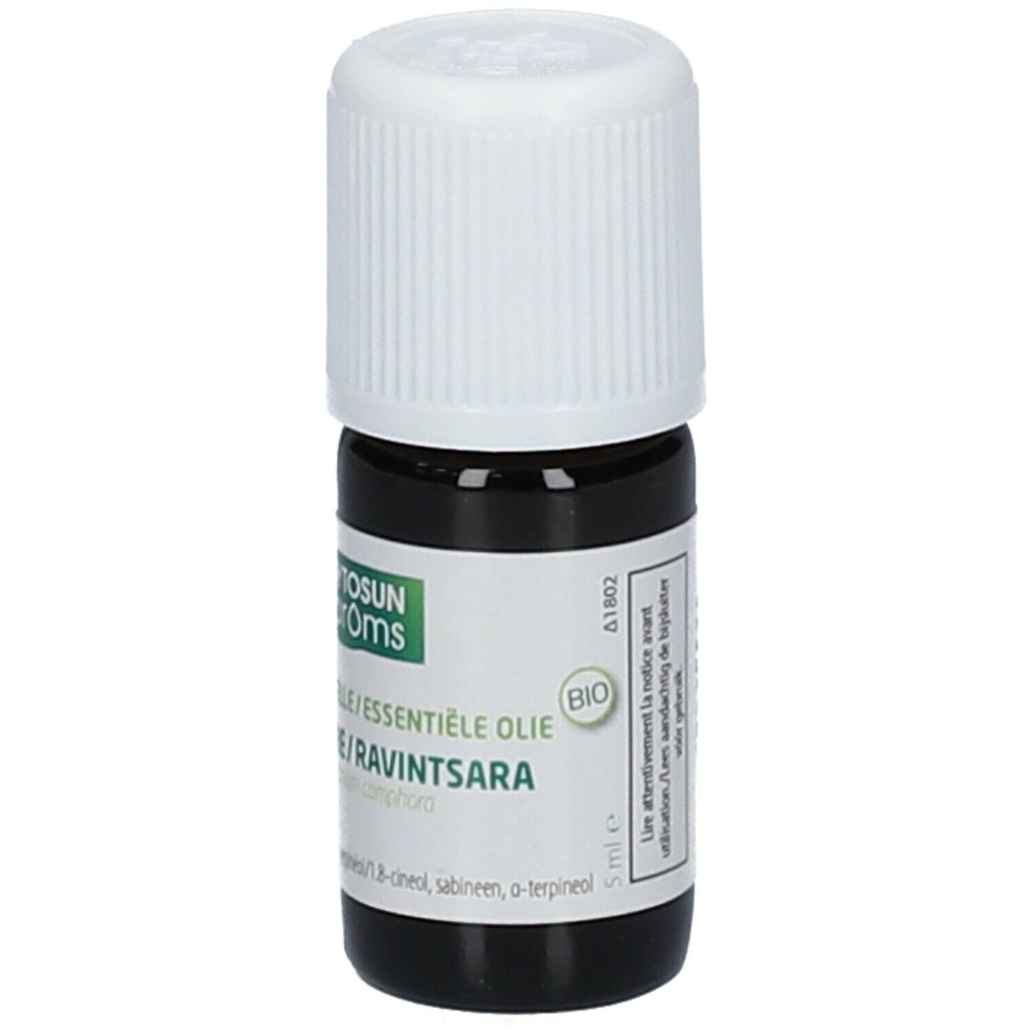 Flacon en verre brun avec bouchon blanc. Étiquette avec texte et label bio. Nom du produit: Ravintsara. Volume: 5 ml.