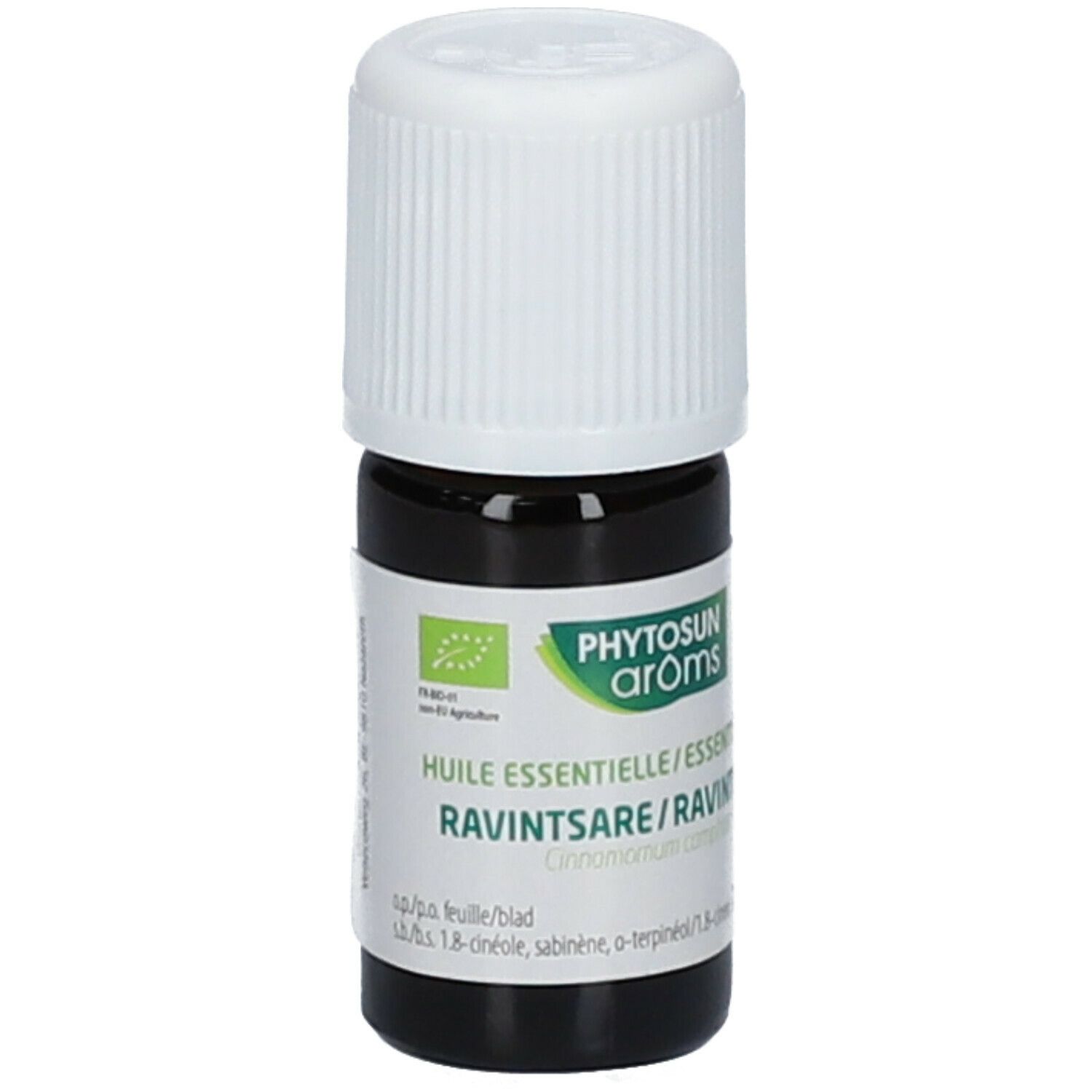 Flacon en verre brun avec bouchon blanc. Étiquette avec texte et label bio. Nom du produit: Ravintsara.