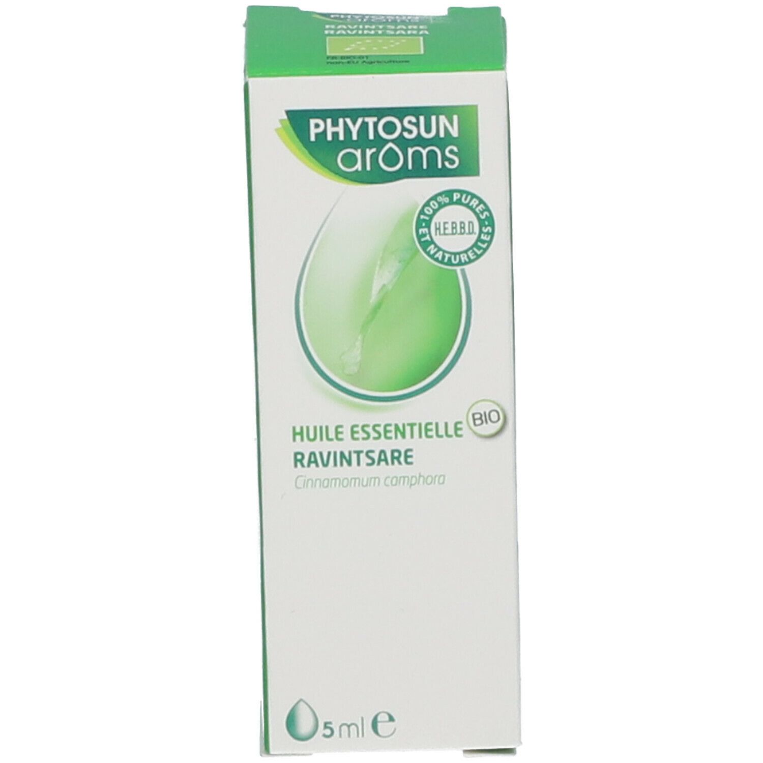 Emballage en carton avec texte et label bio. Nom du produit: Ravintsara. Volume: 5 ml. Flacon non visible.