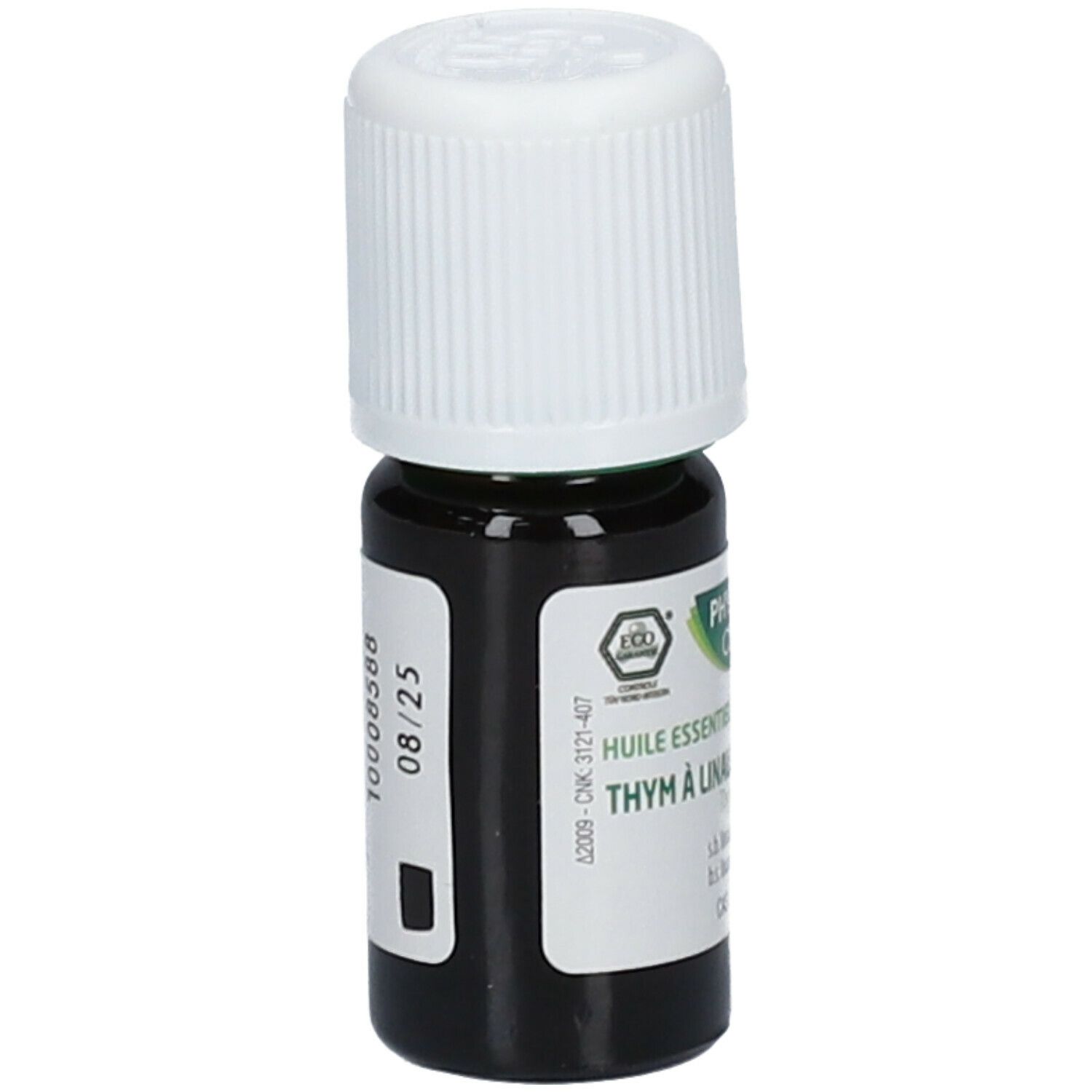 Flacon en verre brun avec bouchon blanc. Étiquette avec texte: Phytosun arôms, Thym à Linalol. Avec label Eco et numéro de lot.