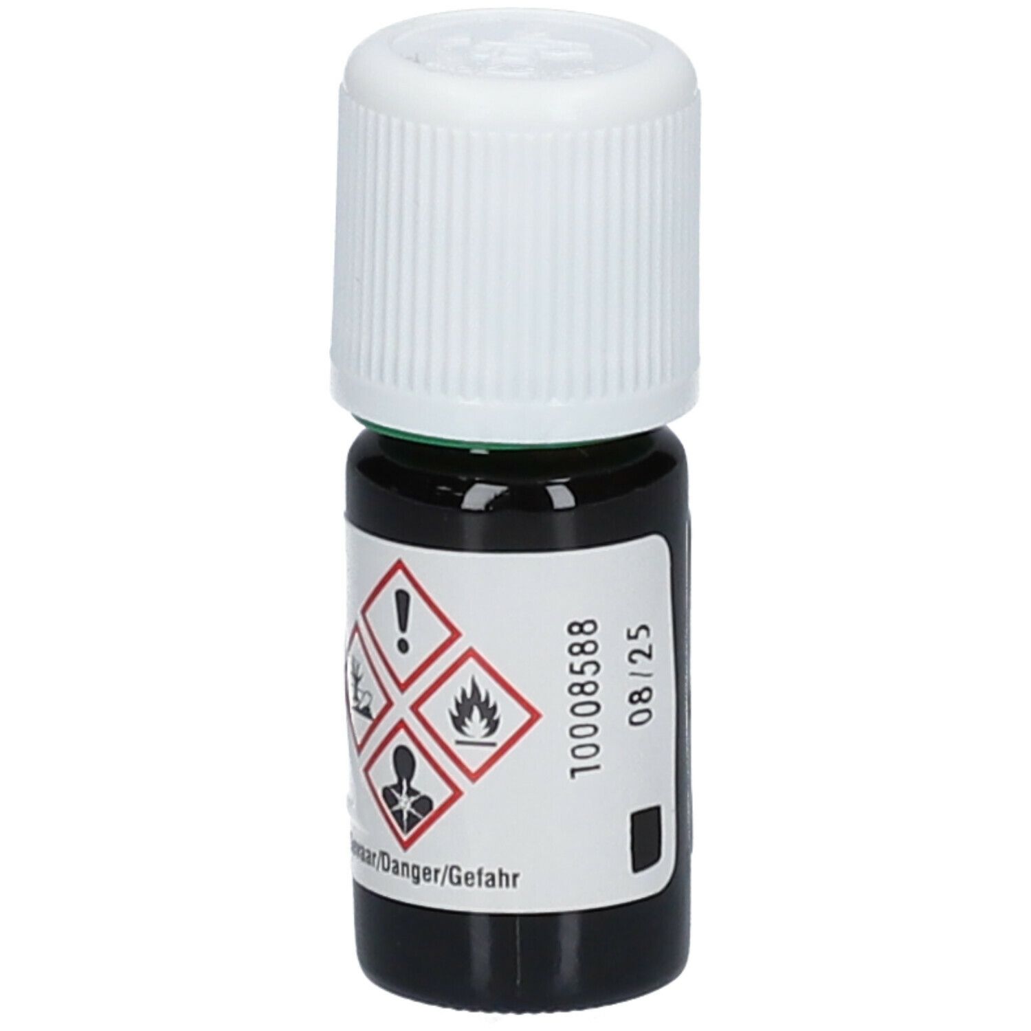 Flacon en verre brun avec bouchon blanc. Étiquette avec symboles de danger et numéro de lot. Texte: Phytosun arôms, Thym à Linalol.