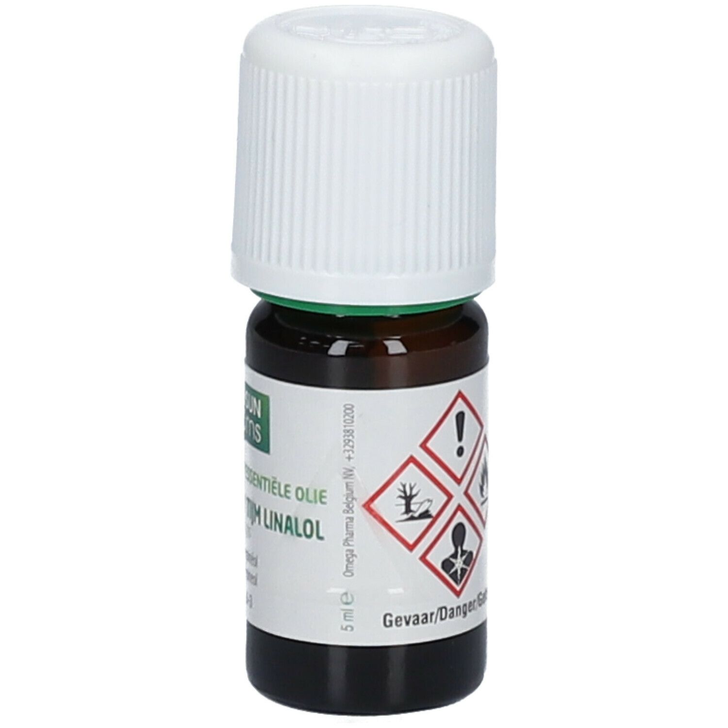 Flacon en verre brun avec bouchon blanc. Étiquette avec symboles de danger. Texte: Phytosun arôms, Thym à Linalol. 5 ml.