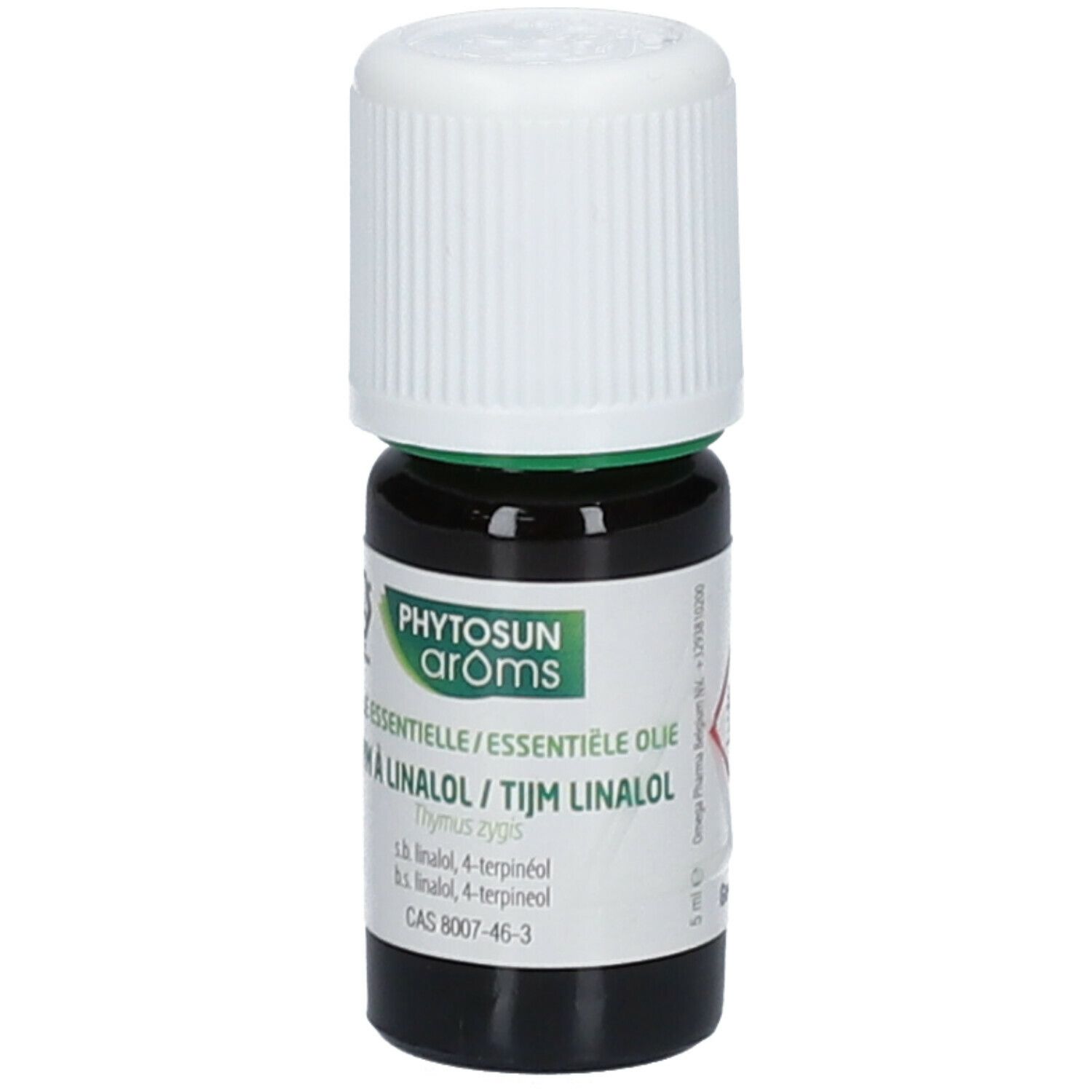 Flacon en verre brun avec bouchon blanc. Étiquette avec texte: Phytosun arôms, Thym à Linalol. 5 ml. Avec label bio.