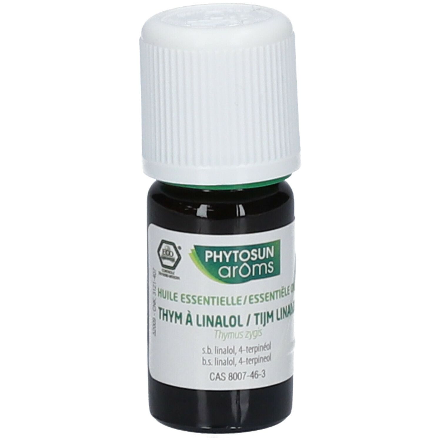 Flacon en verre brun avec bouchon blanc. Étiquette avec texte: Phytosun arôms, Thym à Linalol. Avec label Eco.
