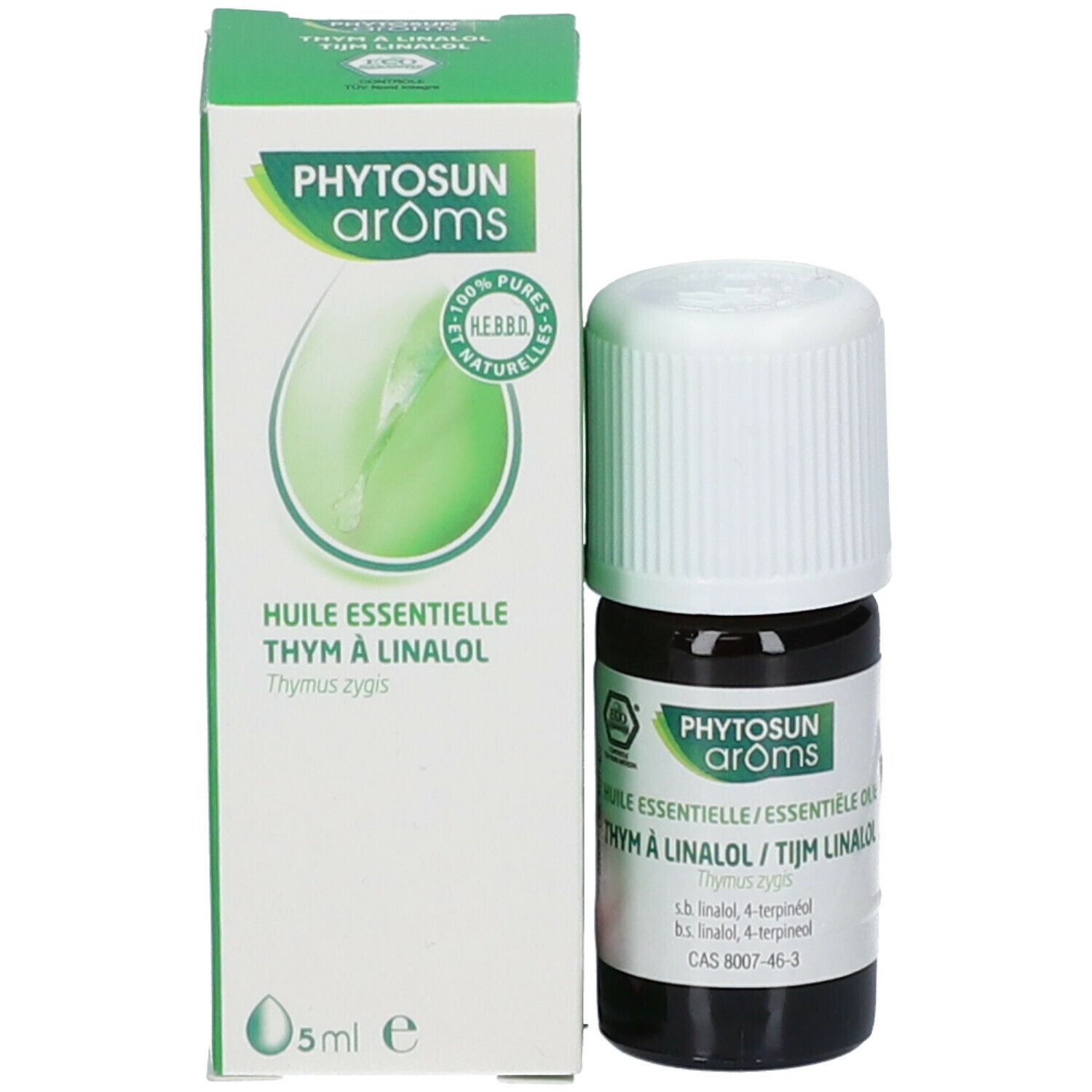 Flacon en verre brun et boîte. Boîte avec texte: Phytosun arôms, Thym à Linalol. Flacon: 5 ml. Avec label bio.