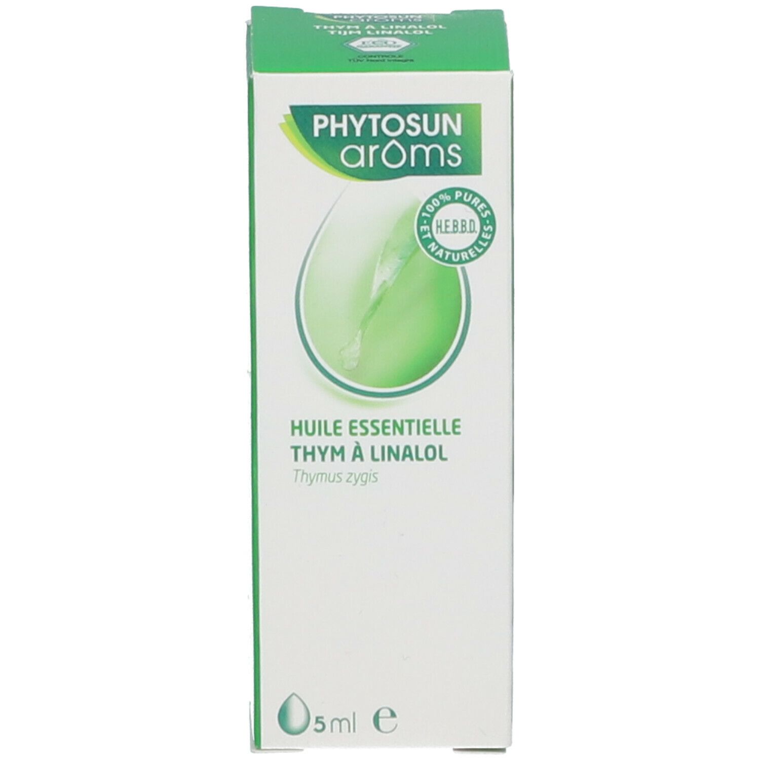 Boîte avec texte: Phytosun arôms, Thym à Linalol. 5 ml. Avec label bio. Illustration d'une plante.