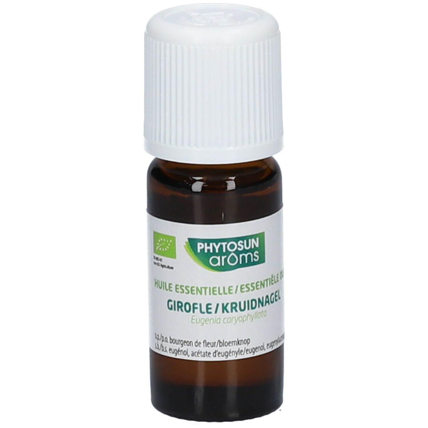 Flacon en verre brun avec bouchon blanc. Étiquette avec nom du produit et ingrédients. Certification bio.