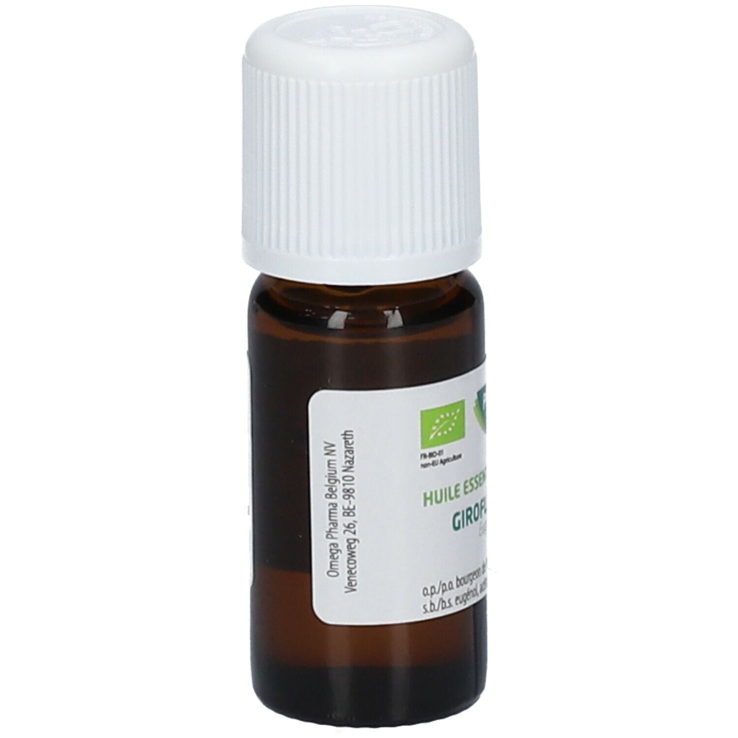 Flacon en verre brun avec bouchon blanc. Étiquette avec informations produit et certification bio.