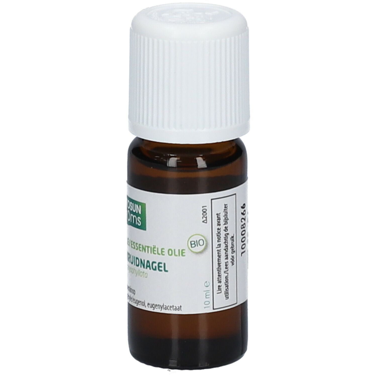 Flacon en verre brun avec bouchon blanc. Étiquette avec nom du produit, ingrédients et certification bio. 10 ml.