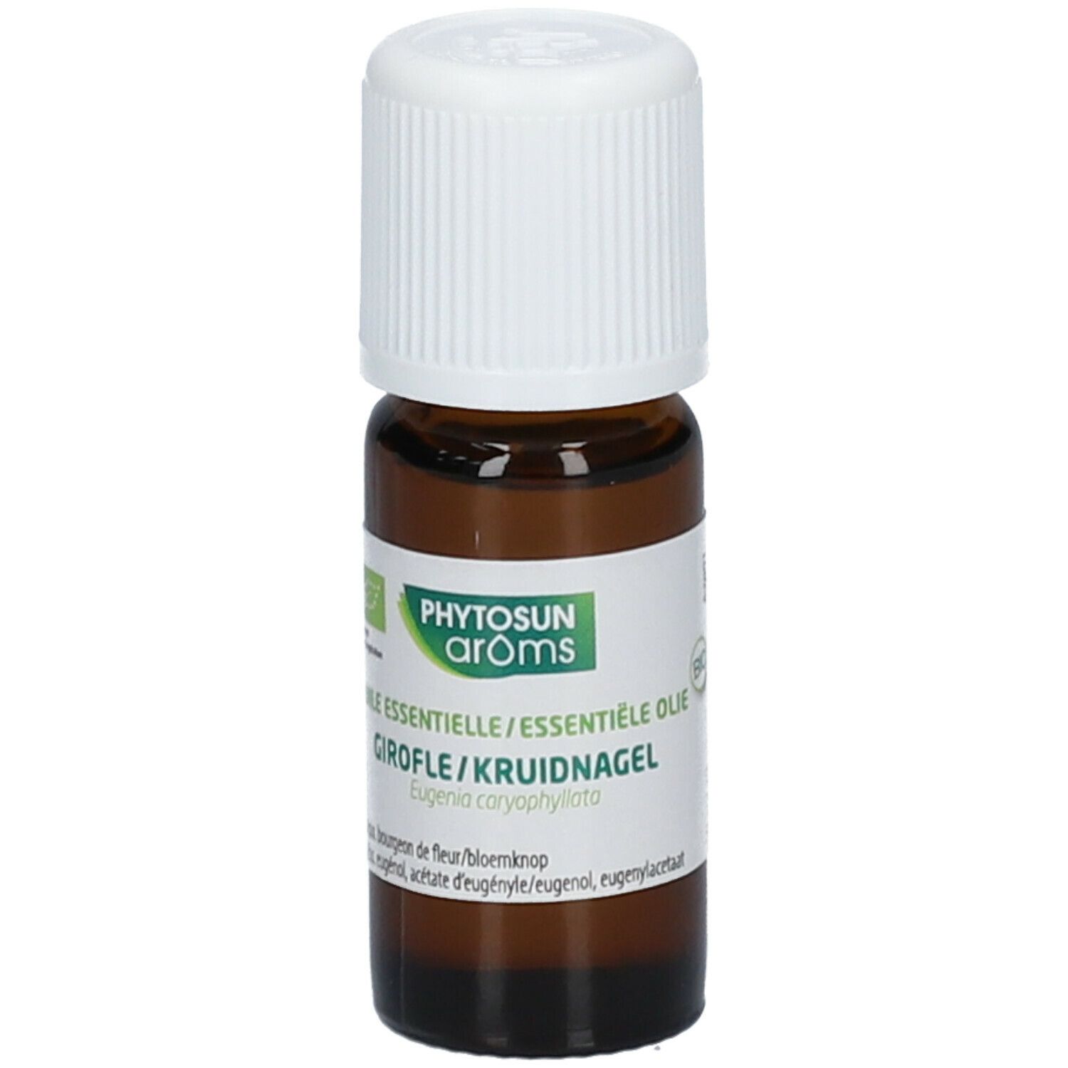 Flacon en verre brun avec bouchon blanc. Étiquette avec nom du produit, ingrédients et certification bio.