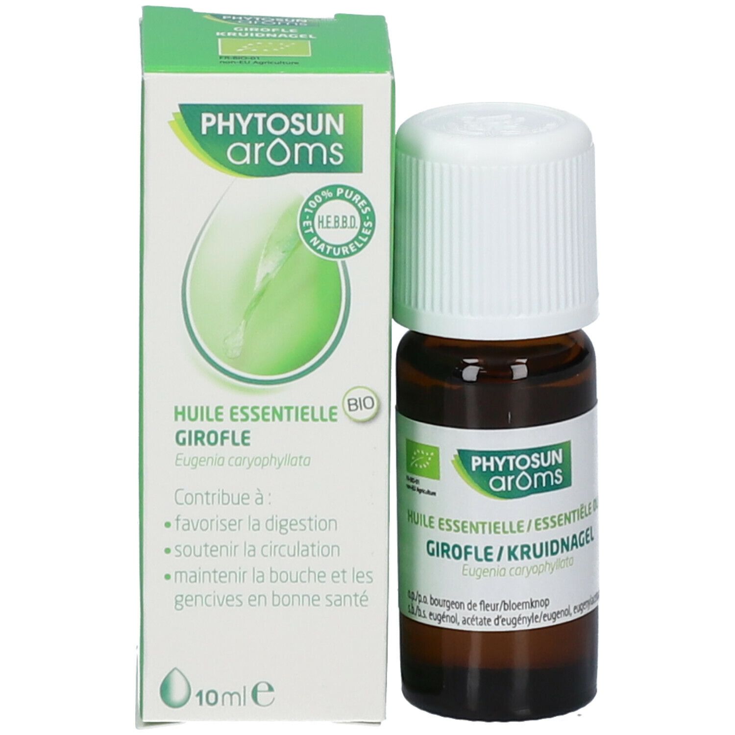 Flacon de produit à côté de l'emballage. Emballage avec nom du produit, ingrédients et certification bio. 10 ml.
