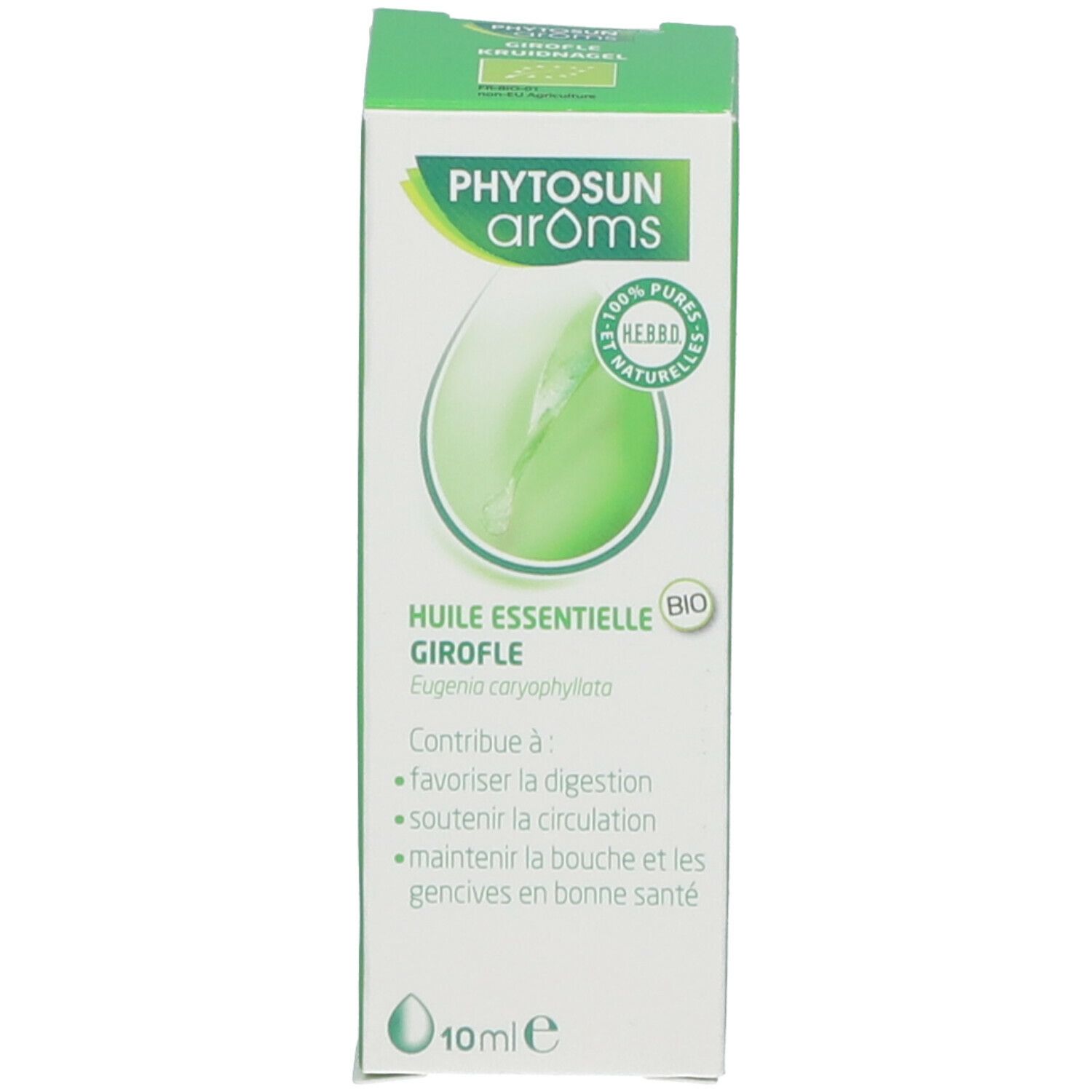 Emballage avec nom du produit, ingrédients et certification bio. 10 ml.