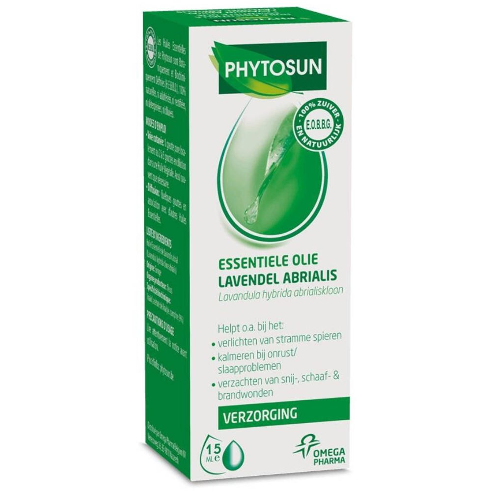 Boîte verte avec informations produit. Phytosun Essentiele Olie Lavendel Abrialis. Logo vert et illustration de goutte.