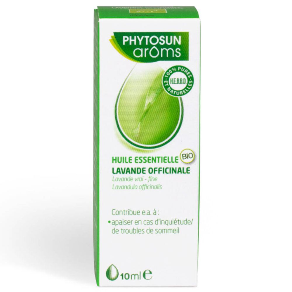 Boîte Phytosun Lavande Officinale Bio. Emballage vert et blanc avec informations produit et label bio.