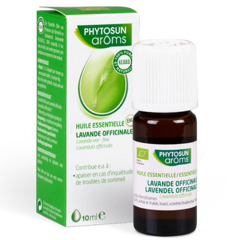 Flacon et emballage Phytosun Lavande Officinale Bio. Flacon en verre brun, bouchon blanc et carton.
