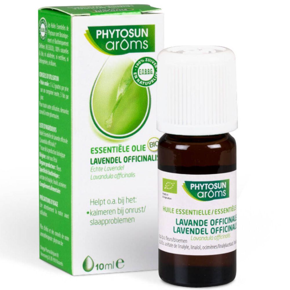 Flacon et emballage Phytosun Lavande Officinale Bio. Flacon en verre brun, bouchon blanc et carton.