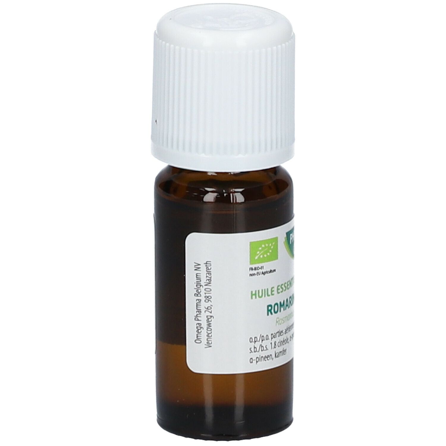 Bruine glazen fles met witte dop. Etiket met tekst. Bio-certificering. Omega Pharma Belgium NV.