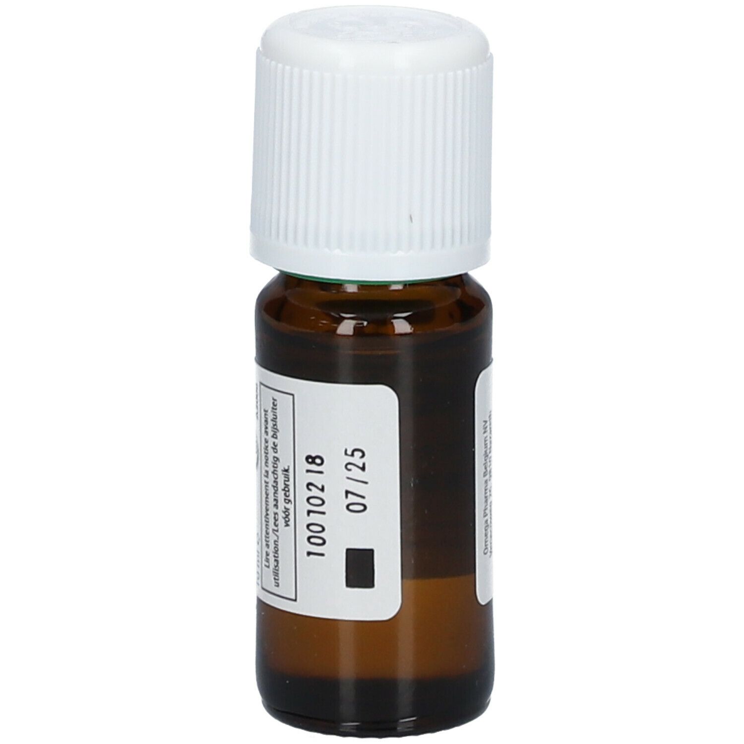 Bruine glazen fles met witte dop. Etiket met tekst. Houdbaarheidsdatum 07/25. Zwart blok.