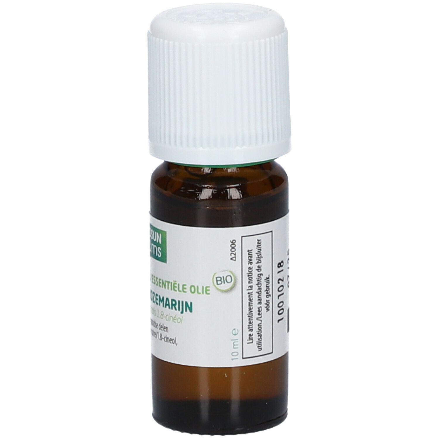 Bruine glazen fles met witte dop. Etiket met tekst. Essentiële olie Rozemarijn. Bio-certificering.