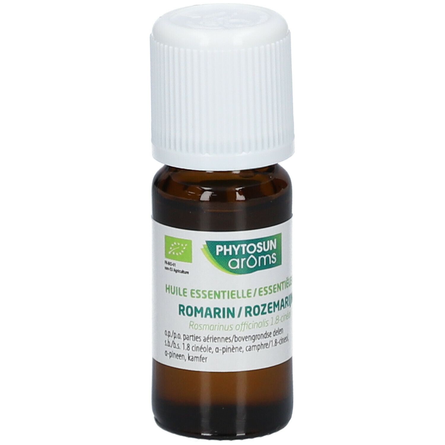 Bruine glazen fles met witte dop. Etiket met tekst. Essentiële olie Rozemarijn. Bio-certificering.