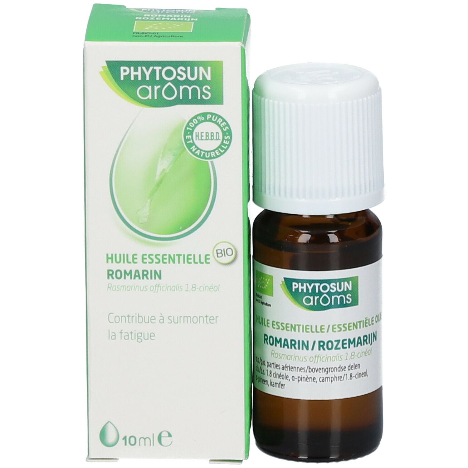 Bruine glazen fles en doos. Fles met witte dop. Doos met tekst en bio-certificering.