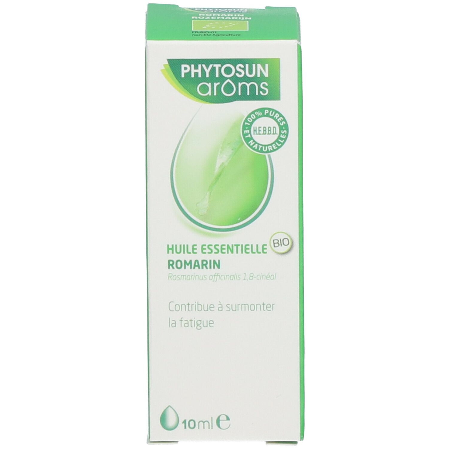 Groene kartonnen verpakking. Tekst en bio-certificering. Logo met bladmotief. 100% pure oliën.