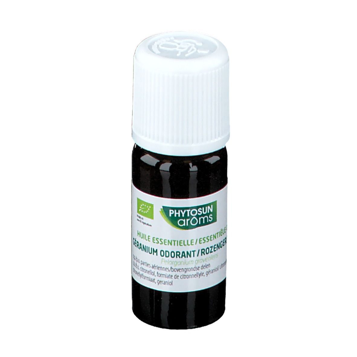 Bruine glazen fles met witte dop. Label met tekst: Phytosun arôms, Geranium odorant. Bio-certificering.