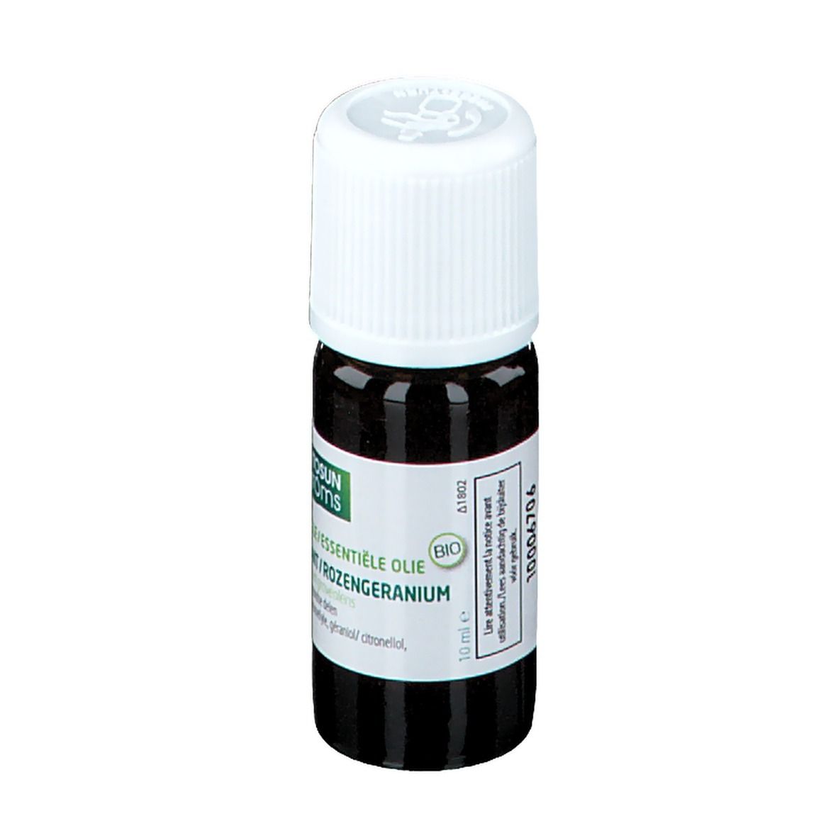 Bruine glazen fles met witte dop. Label met tekst: Huile essentielle, Geranium odorant. Bio-certificering.