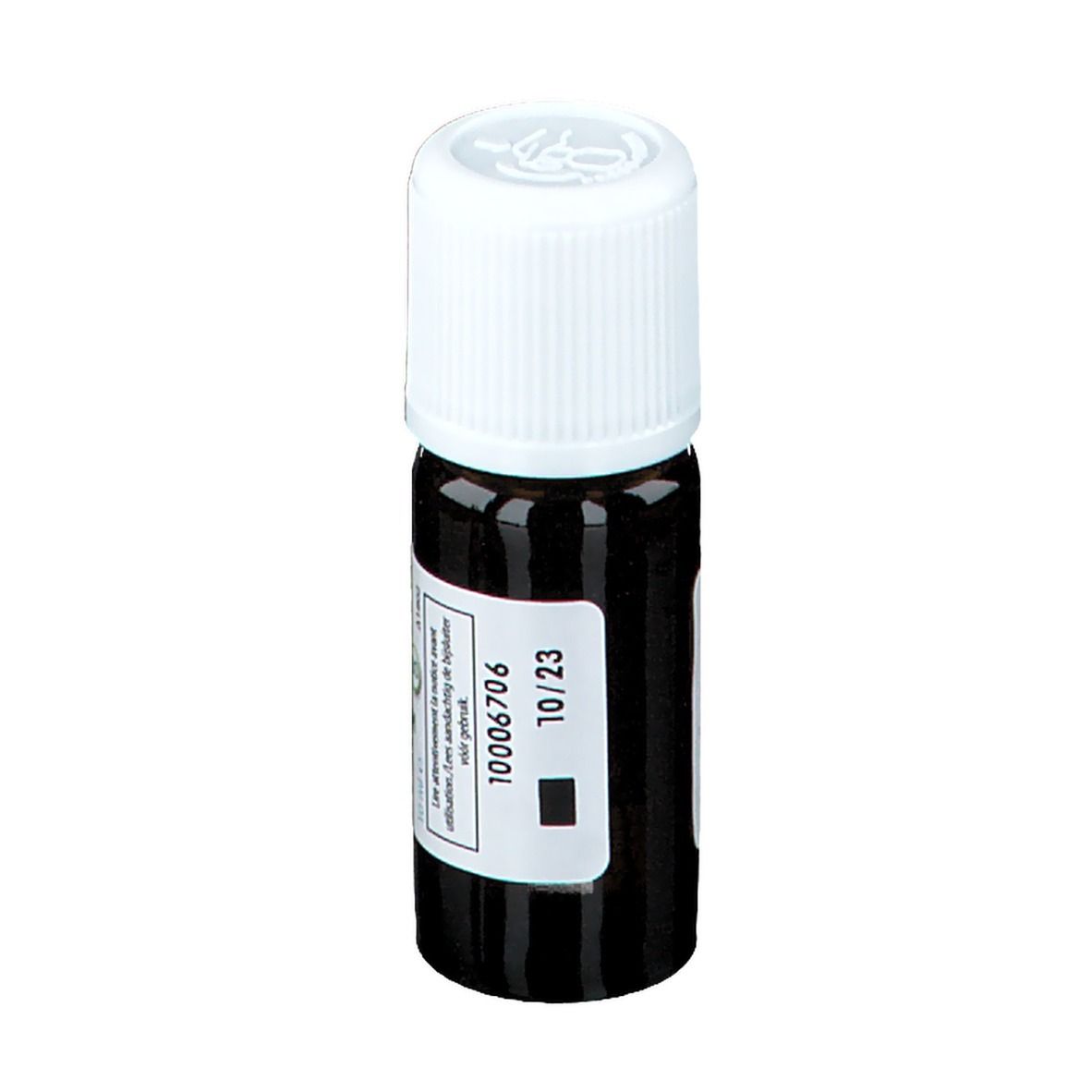 Bruine glazen fles met witte dop. Label met tekst en batchnummer. Zwart blok.