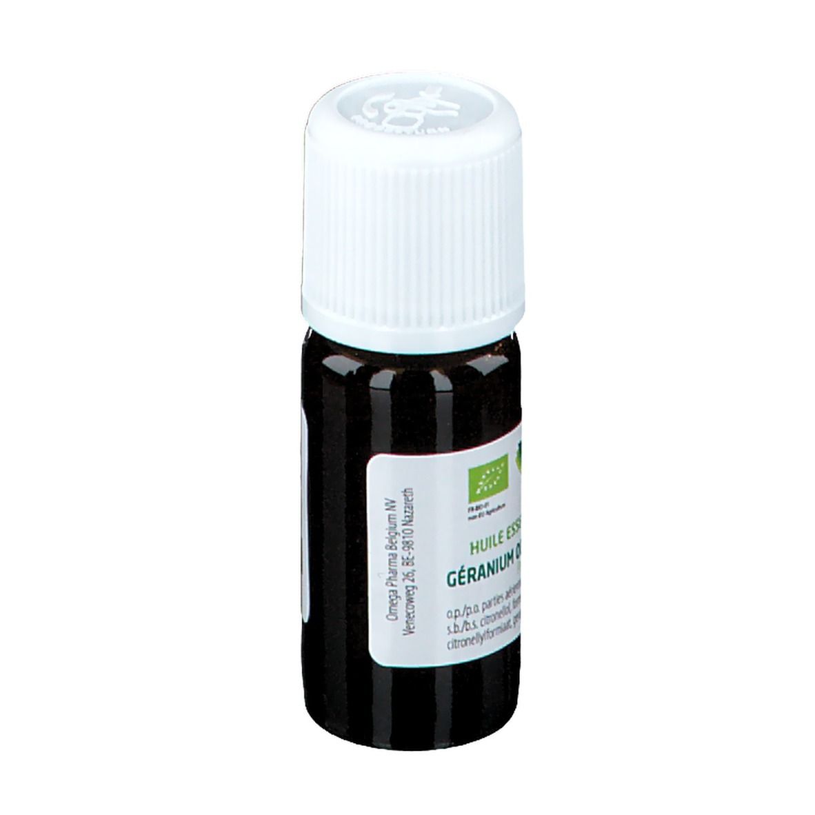 Bruine glazen fles met witte dop. Label met tekst: Huile essentielle, Géranium odorant. Bio-certificering.