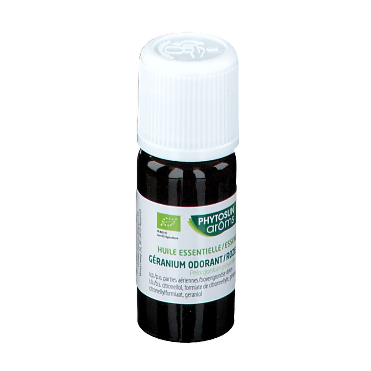Bruine glazen fles met witte dop. Label met tekst: Phytosun arôms, Geranium odorant. Bio-certificering.