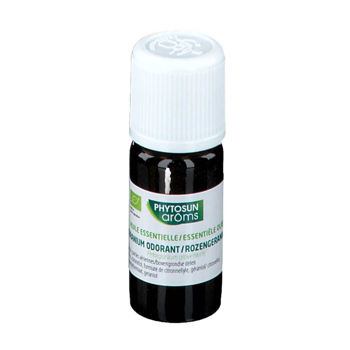 Bruine glazen fles met witte dop. Label met tekst: Phytosun arôms, Geranium odorant. Bio-certificering.