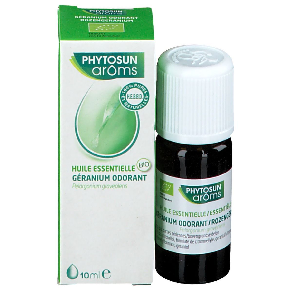 Productverpakking en fles. Groene doos met fles. Tekst: Phytosun arôms, Géranium odorant. Bio.