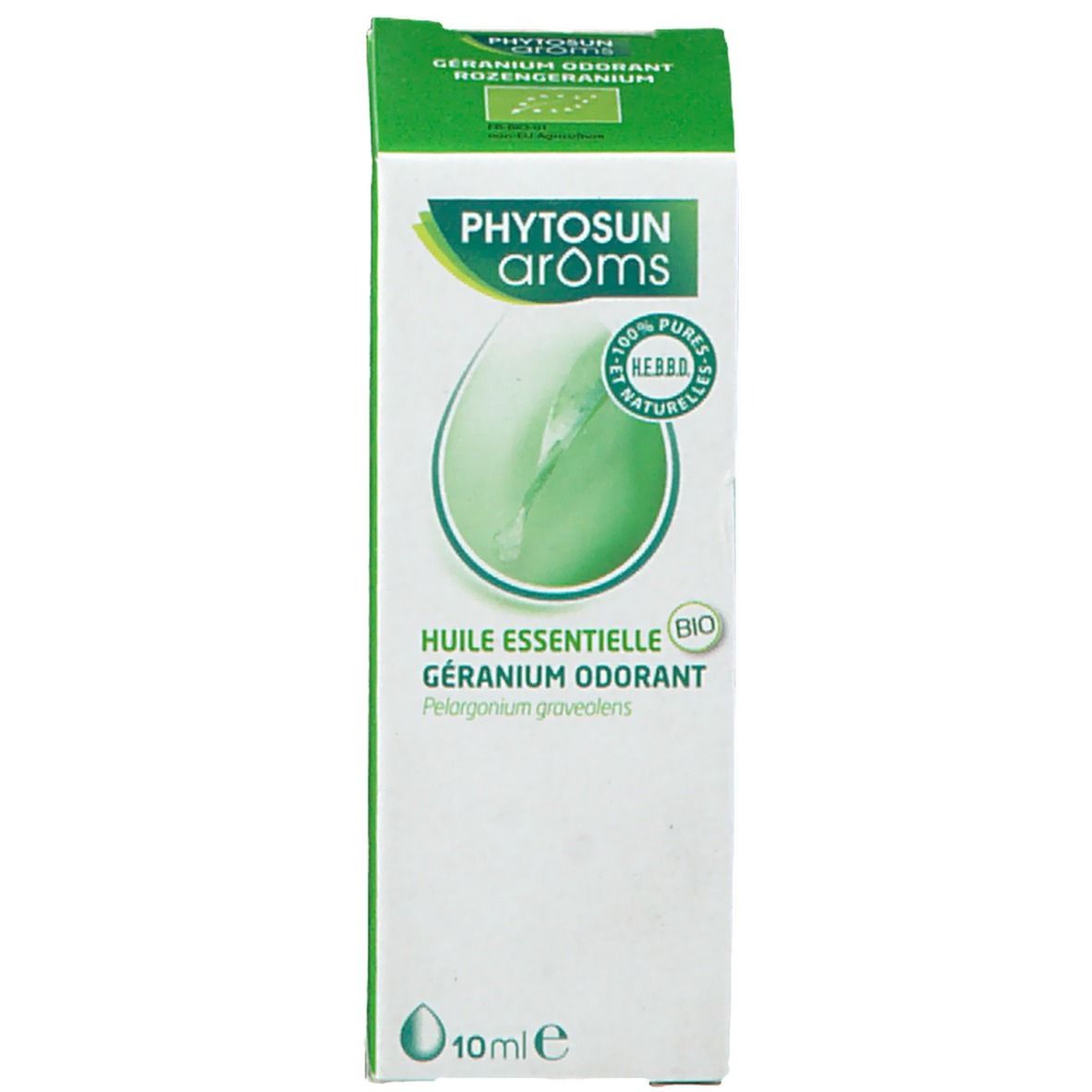 Groene productverpakking. Tekst: Phytosun arôms, Géranium odorant. Bio. 10 ml.
