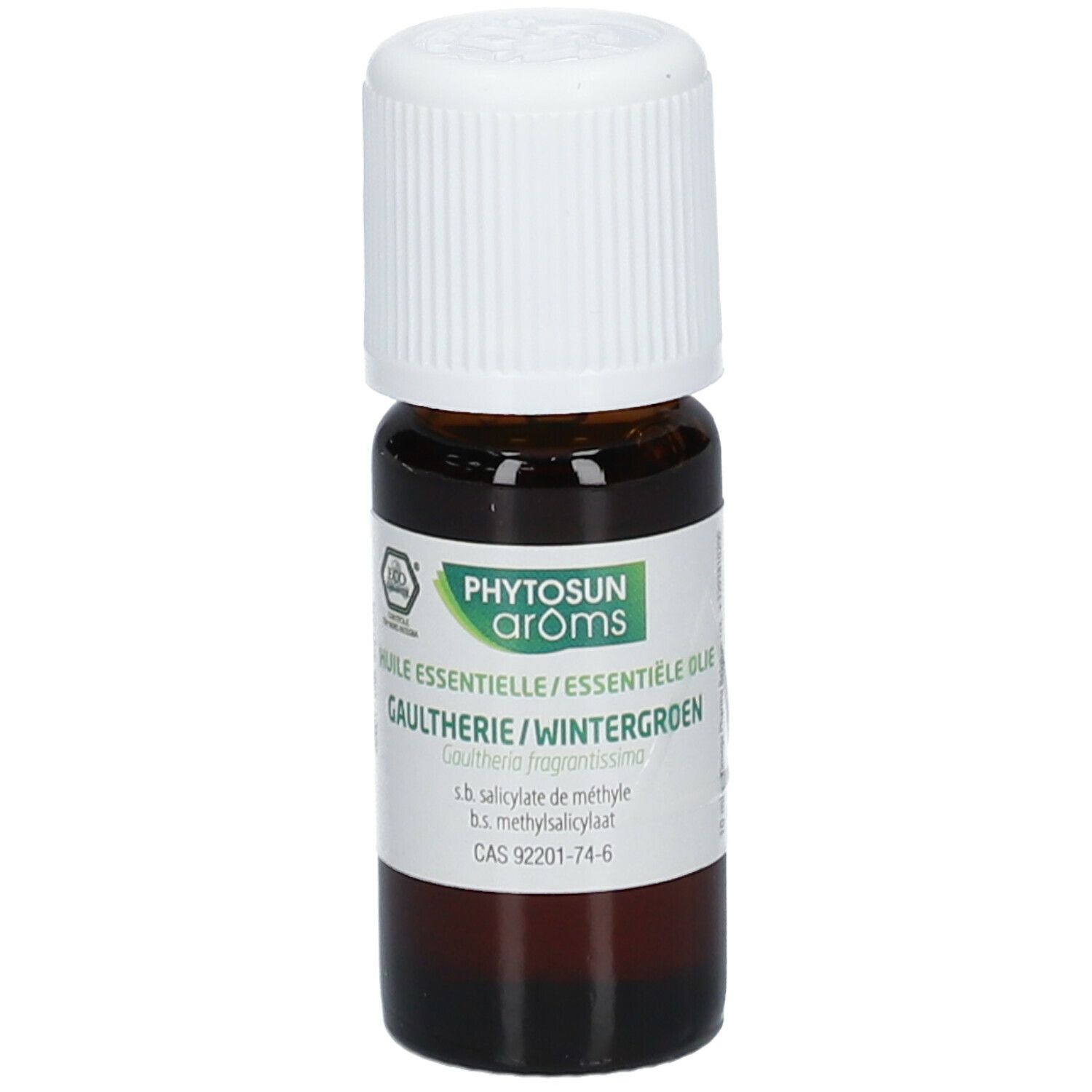 Bruine glazen fles met witte dop. Etiket met tekst: Phytosun Arôms, Gaulthérie/Wintergroen, bio-keurmerk.