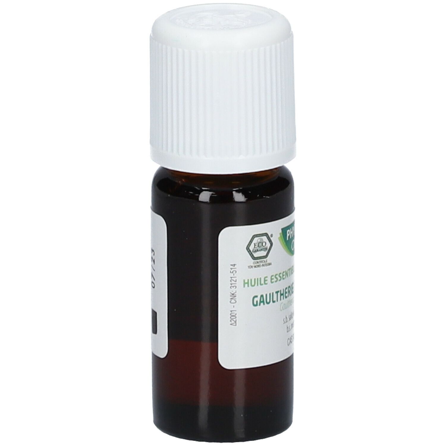 Bruine glazen fles met witte dop. Etiket met tekst: Phytosun Arôms, Gaulthérie/Wintergroen, en batchnummer.