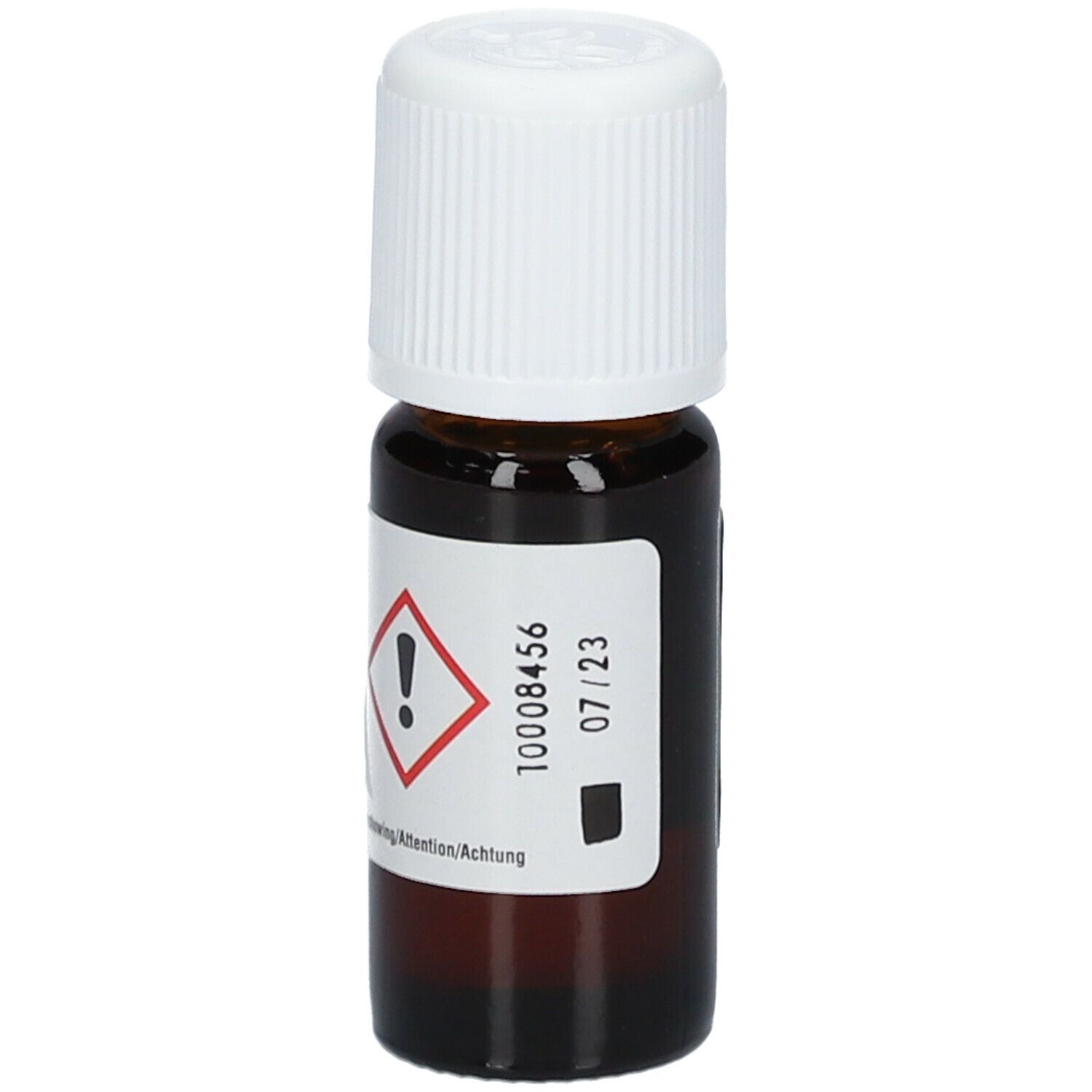 Bruine glazen fles met witte dop. Etiket met waarschuwingssymbool en tekst: 07/23, 10008456.