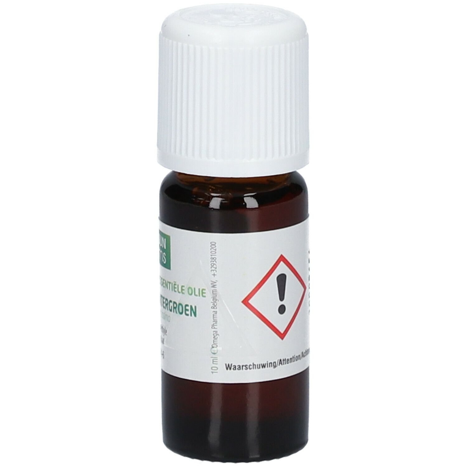 Bruine glazen fles met witte dop. Etiket met waarschuwingssymbool en tekst: 10 ml, Gaulthérie/Wintergroen.