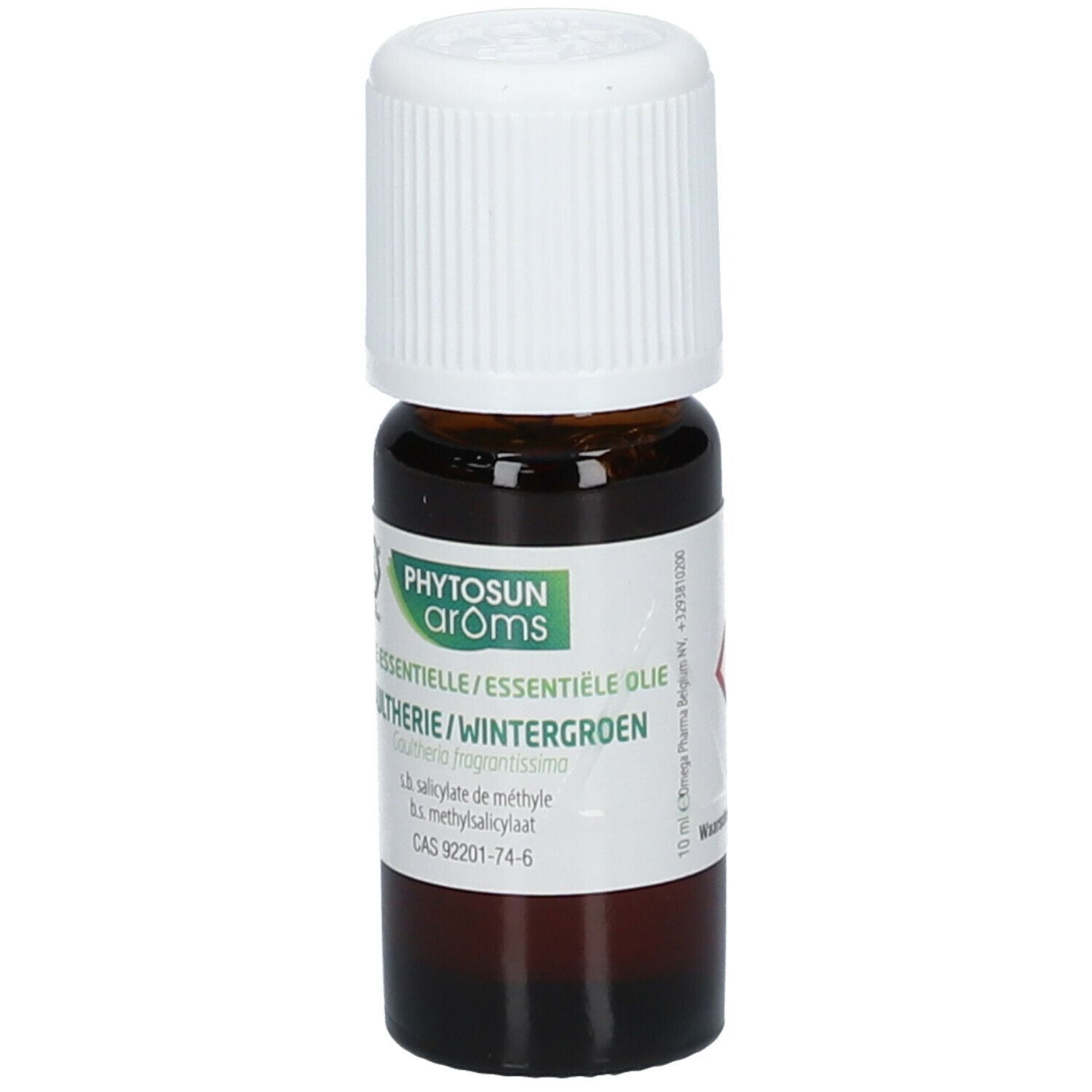 Bruine glazen fles met witte dop. Etiket met tekst: Phytosun Arôms, Gaulthérie/Wintergroen, en ingrediënten.