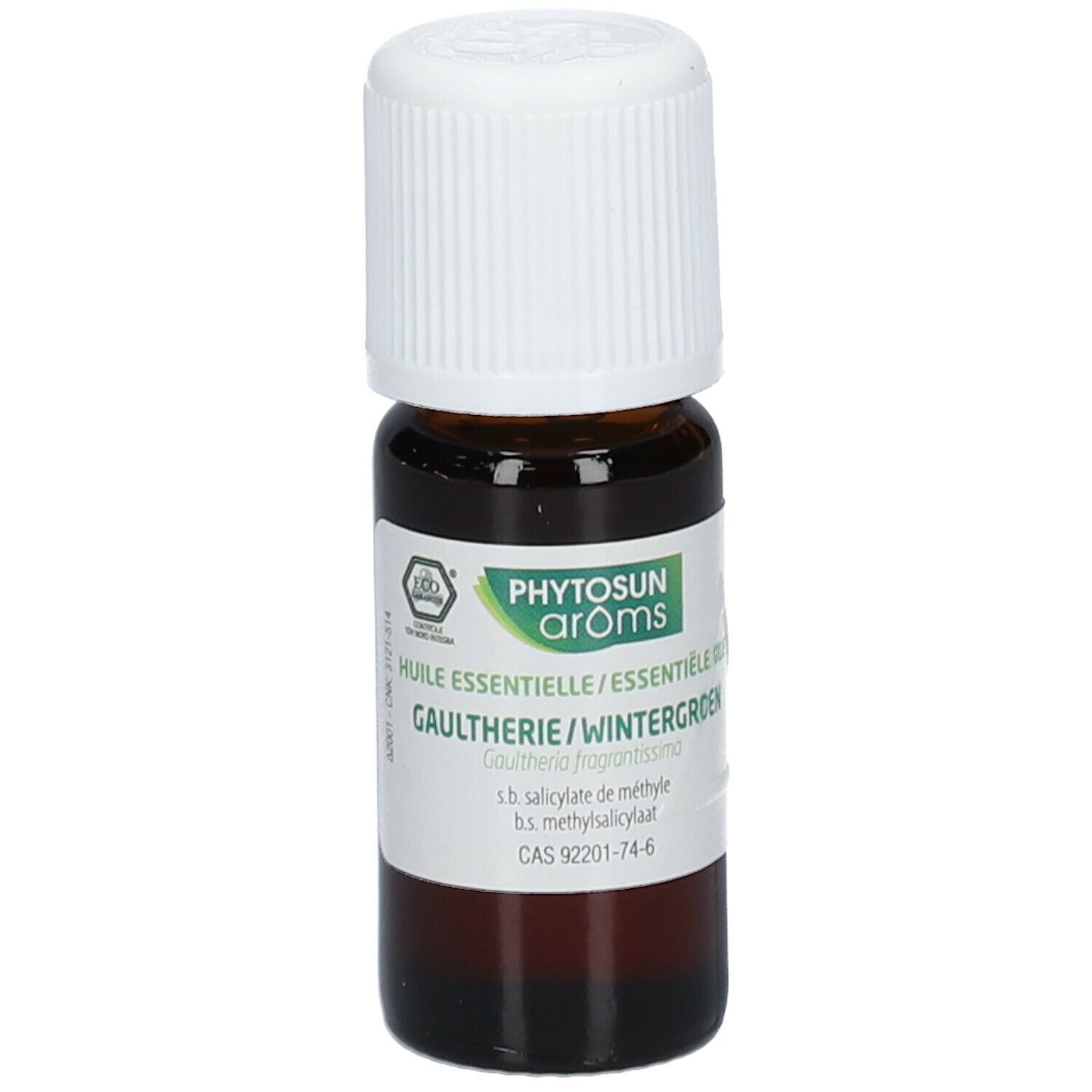 Bruine glazen fles met witte dop. Etiket met tekst: Phytosun Arôms, Gaulthérie/Wintergroen, en bio-keurmerk.