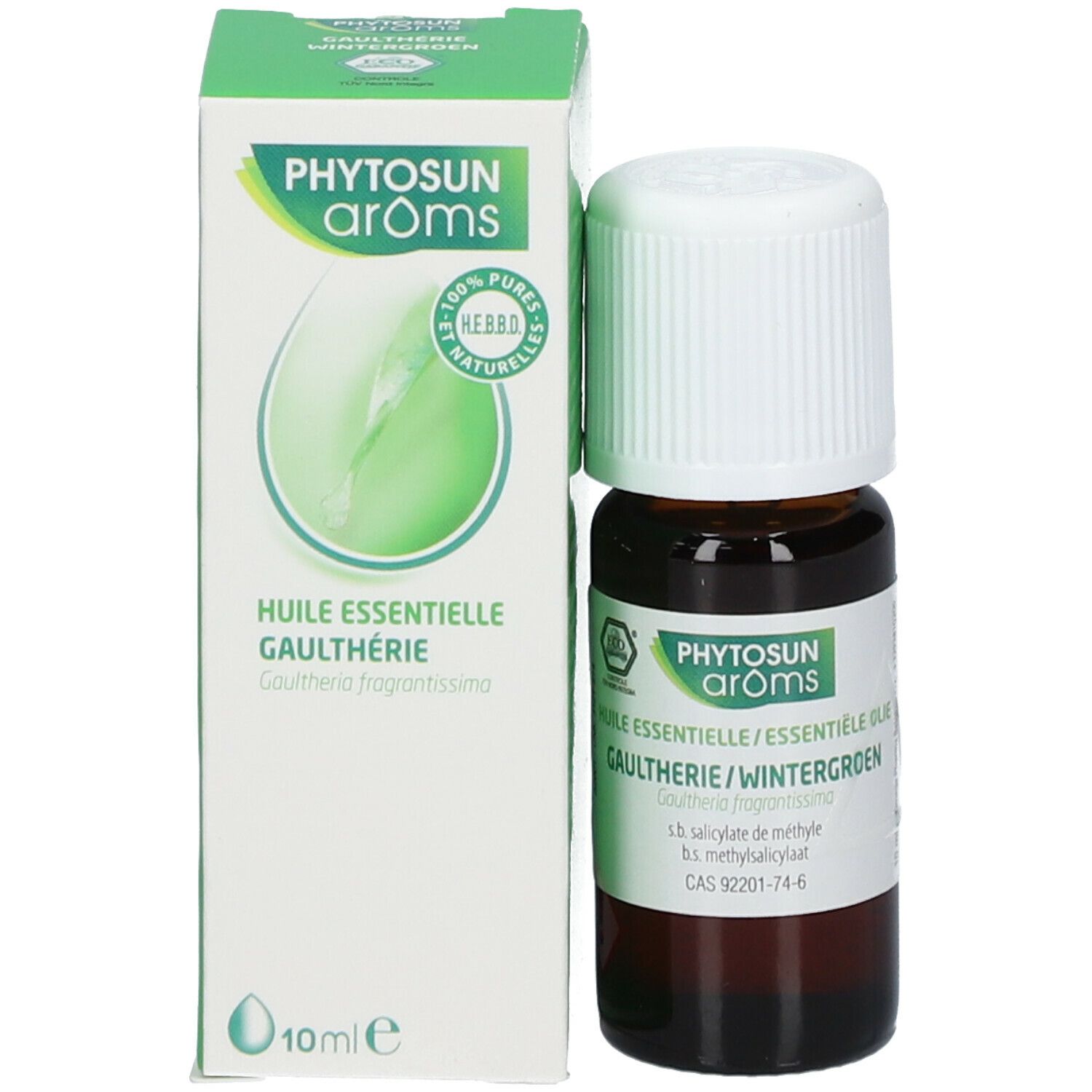 Productverpakking met fles. Witgroene doos met fles. Tekst: Phytosun Arôms, Gaulthérie, 10 ml.