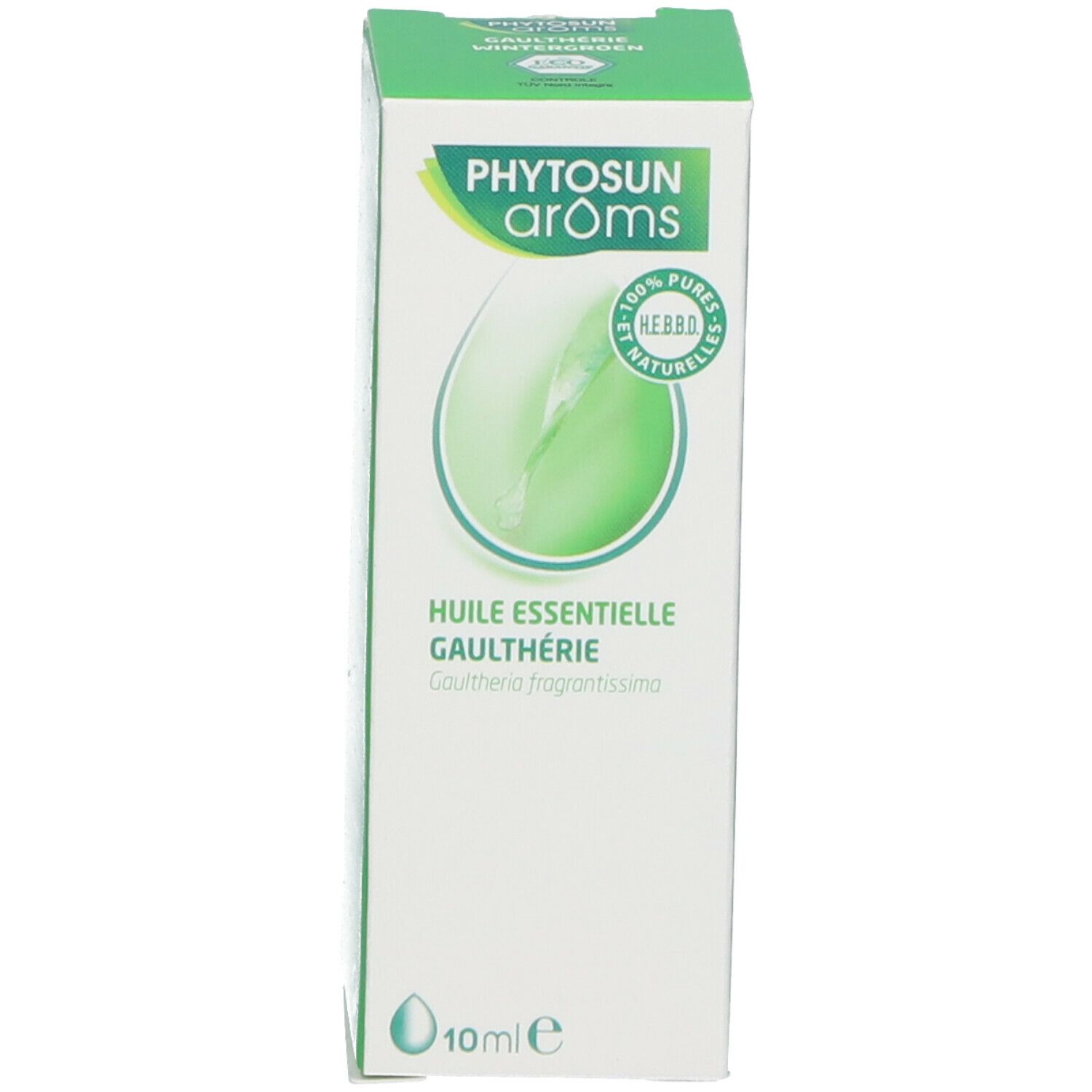 Witgroene productverpakking. Tekst: Phytosun Arôms, Gaulthérie, 10 ml, en een groen bladsymbool.